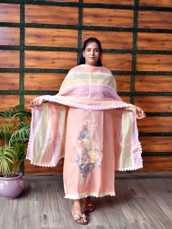 Peach Kota Doria Suit Set with Yellow Floral Embroidery
