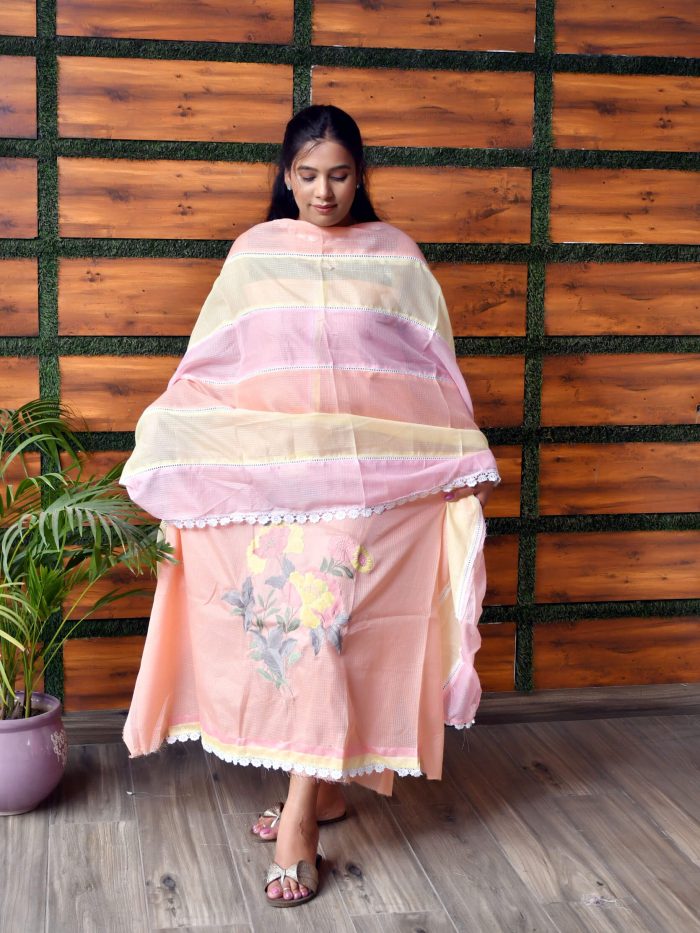 Peach Kota Doria Suit Set with Yellow Floral Embroidery