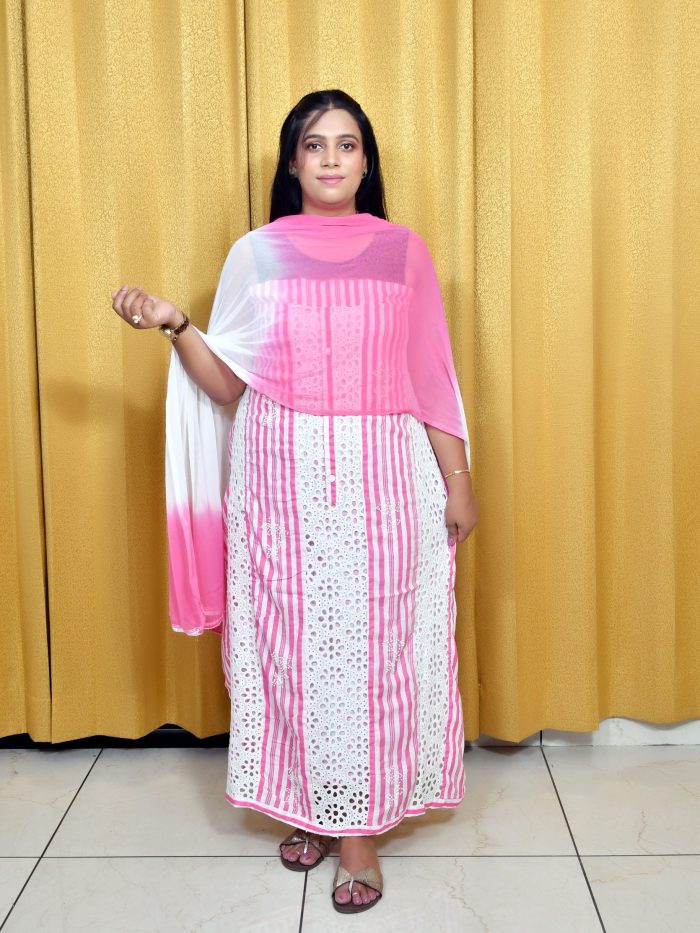 White & Pink Cutwork Pure Cotton Suit with Ombre Dupatta