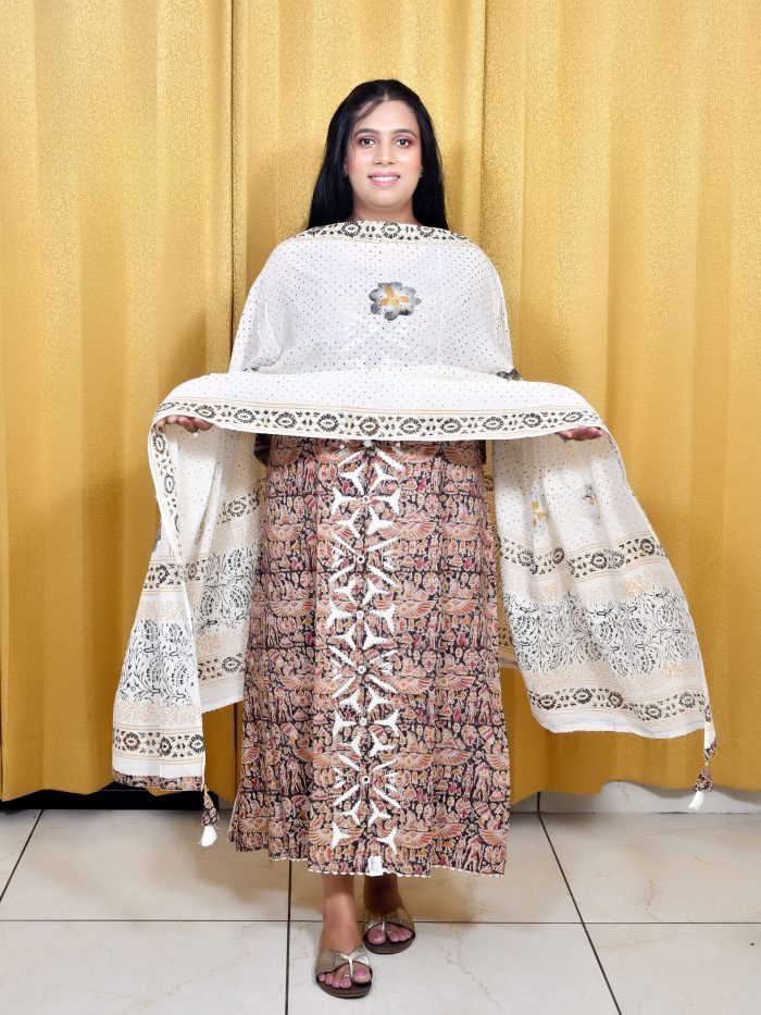 White & Black Kalamkari Style Cotton Suit Set with Printed Dupatta
