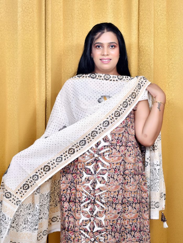 White & Black Kalamkari Style Cotton Suit Set with Printed Dupatta