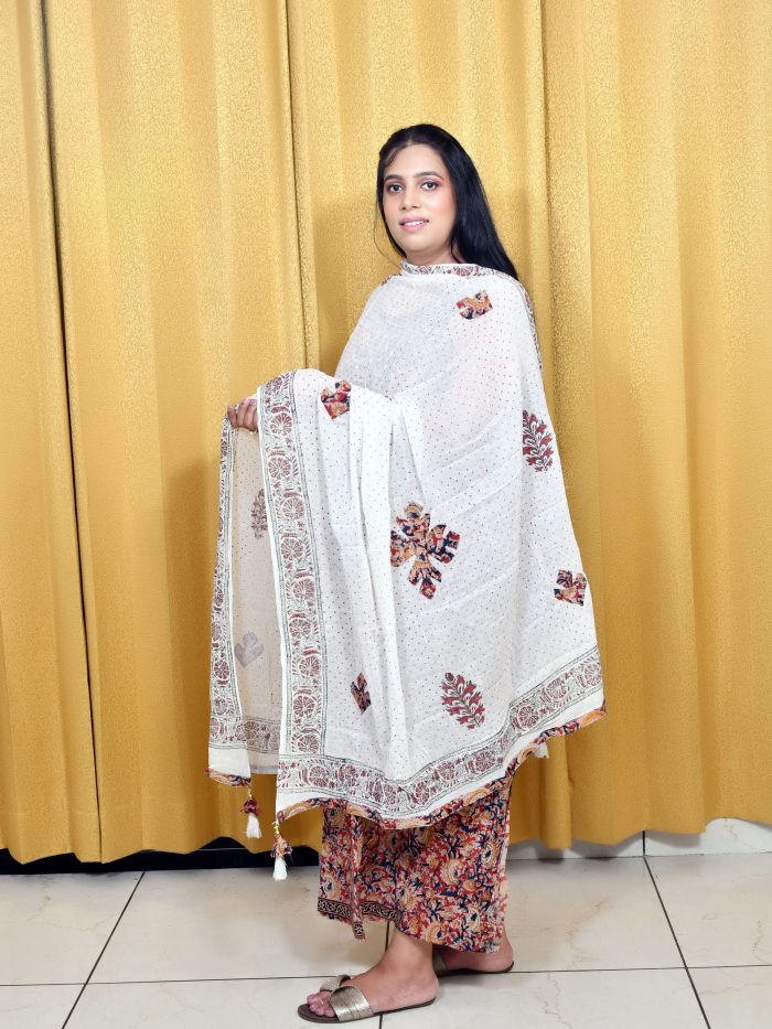 Maroon Motif Print Cotton Suit Set with Embroidered Dupatta