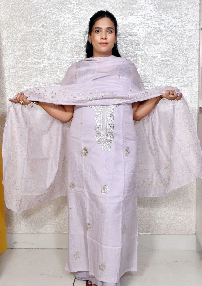 Lavender Silver Rose Mul Chanderi Suit
