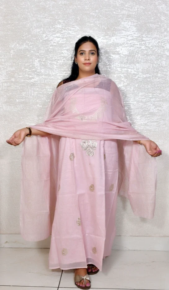 Pink Gold Rose Embroidered Mul Chanderi Suit