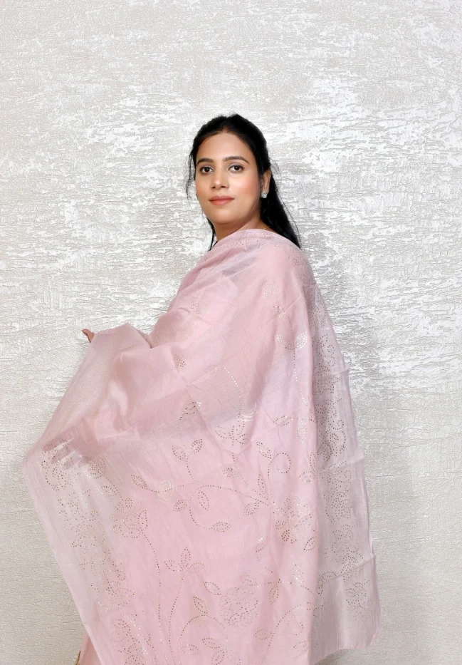 Pink Gold Rose Embroidered Mul Chanderi Suit