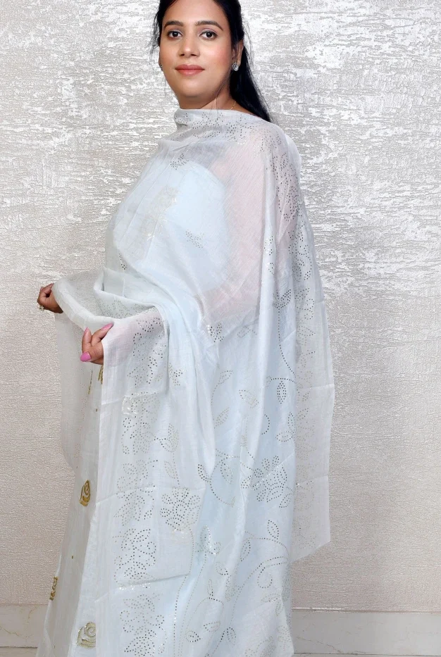 Sky Blue Rose Motif Mul Chanderi Suit