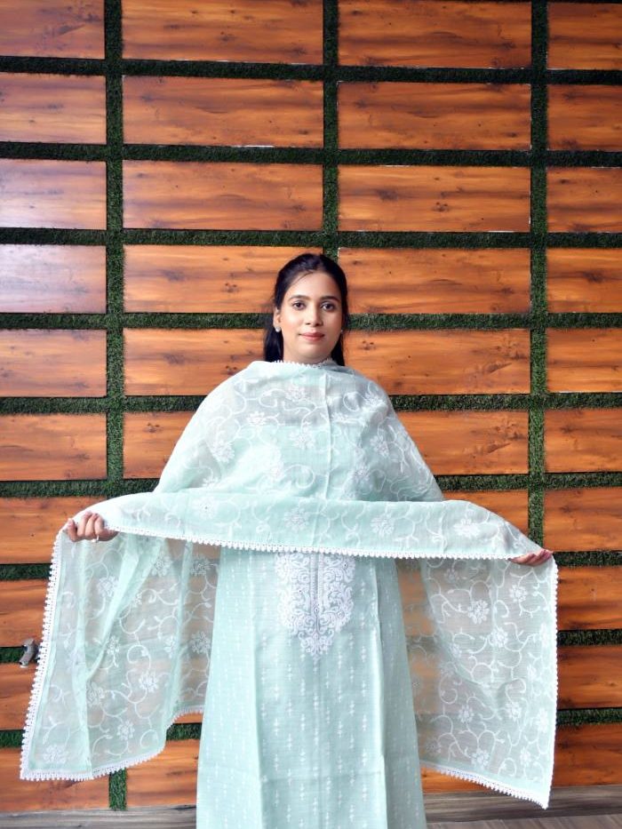 Elegant Peach Linen Suit with White Floral Embroidery