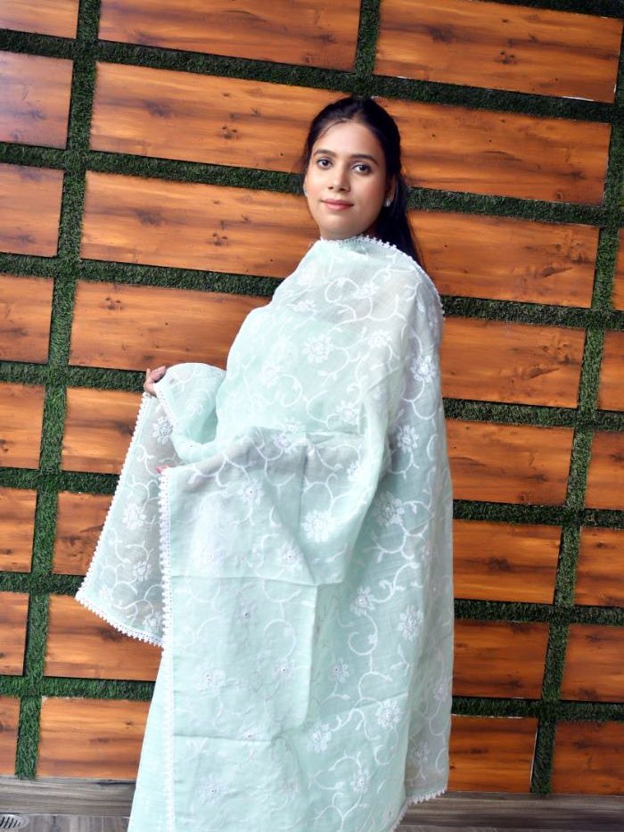 Elegant Peach Linen Suit with White Floral Embroidery