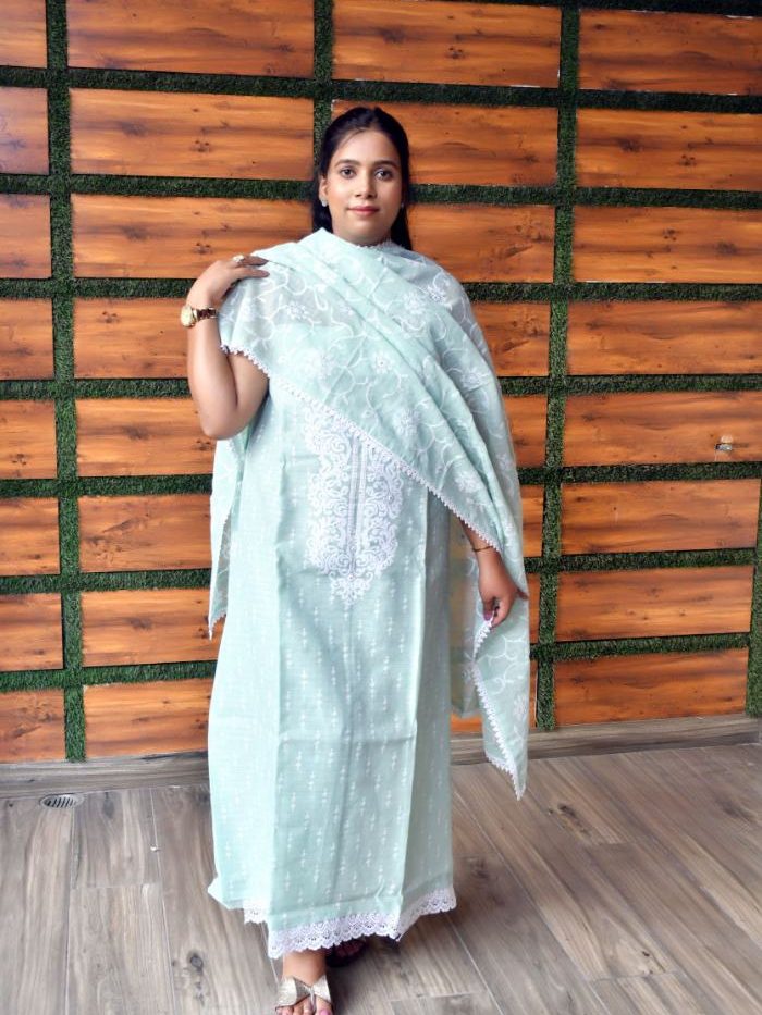 Elegant Peach Linen Suit with White Floral Embroidery