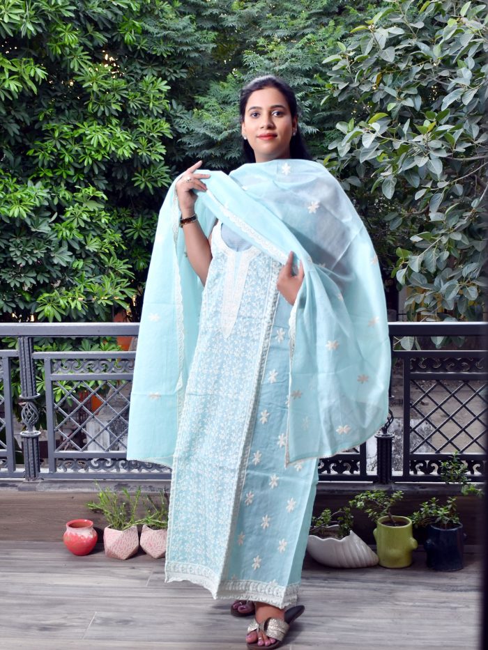 Sky Blue Kota Doria Suit with Intricate White Thread Embroidery