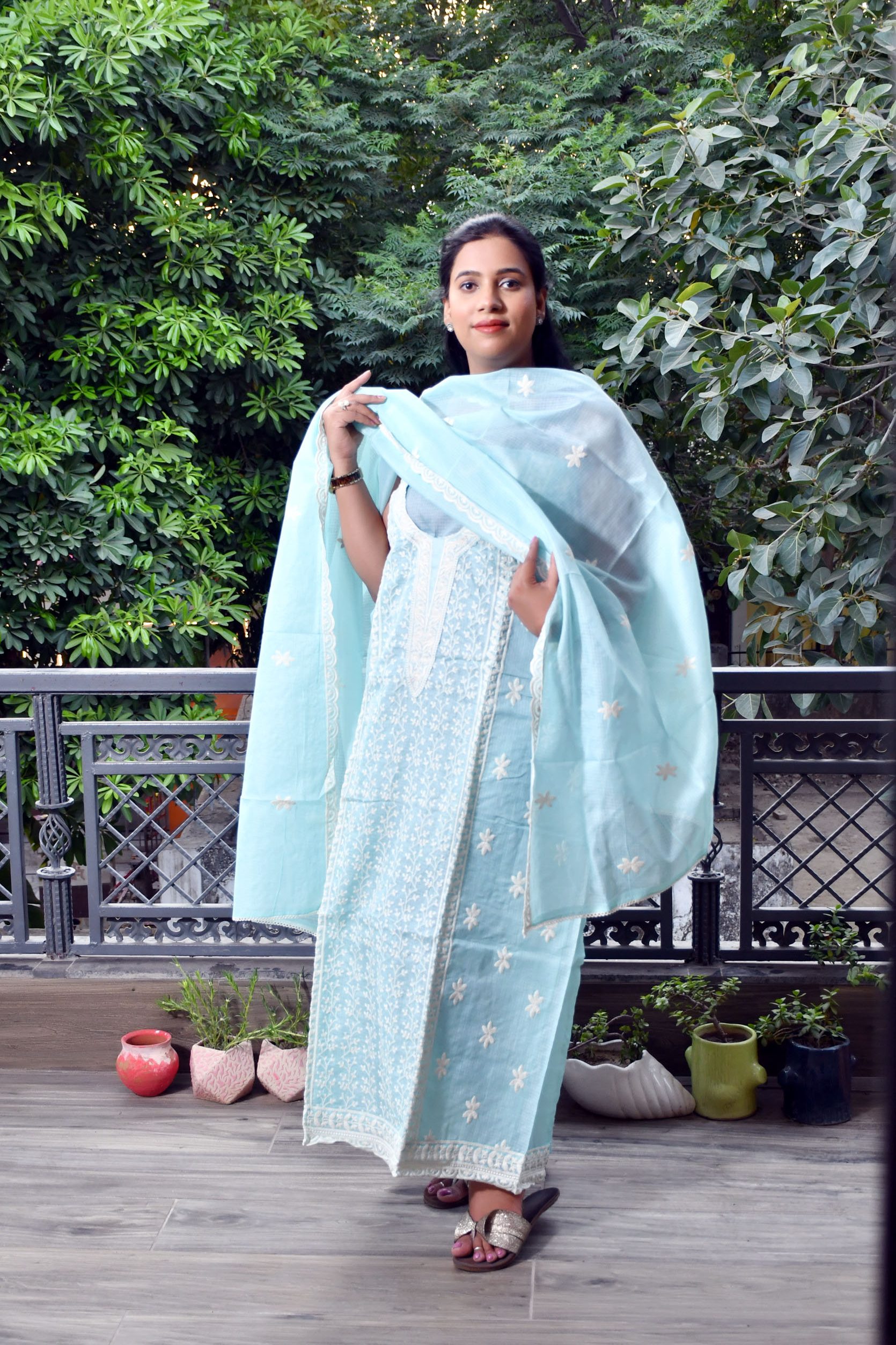 Sky Blue Kota Doria Suit with Intricate White Thread Embroidery - Image 3