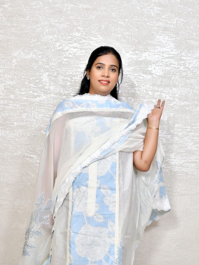 white Kota Doria Suit with Intricate White Thread Embroidery
