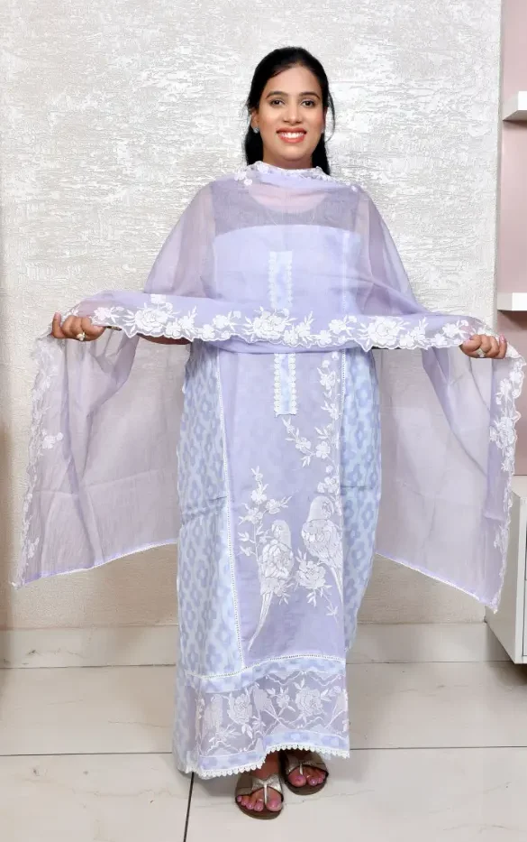 Sky Blue  Kota Doria Suit with Intricate White Thread Embroidery