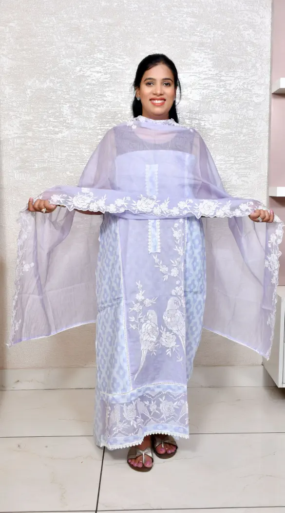Sky Blue Kota Doria Suit with Intricate White Thread Embroidery - Image 2