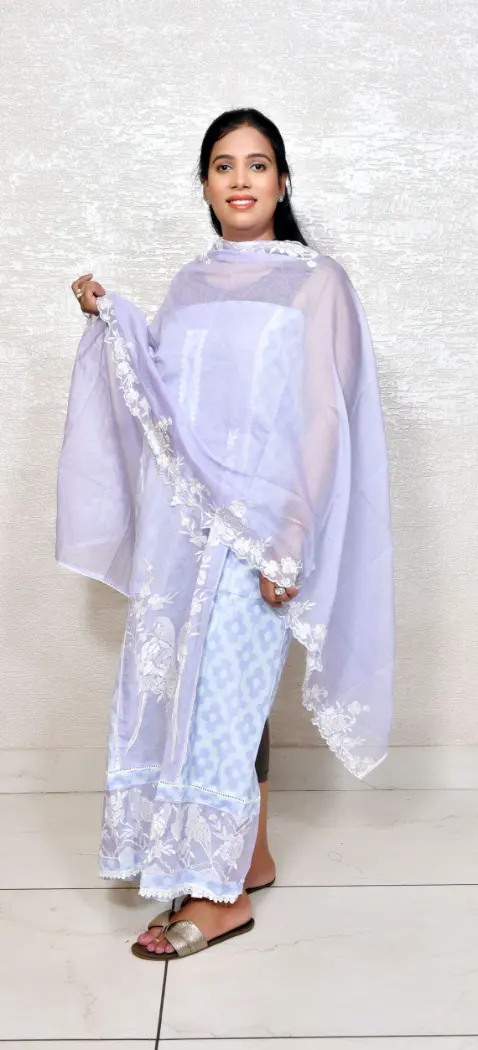 Sky Blue Kota Doria Suit with Intricate White Thread Embroidery - Image 3