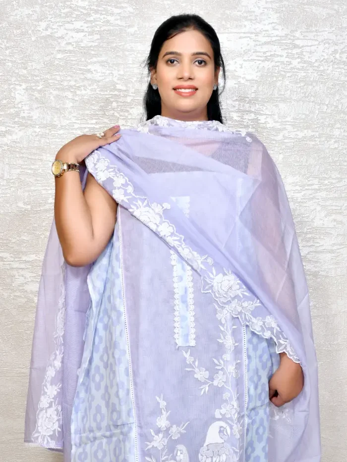Sky Blue  Kota Doria Suit with Intricate White Thread Embroidery