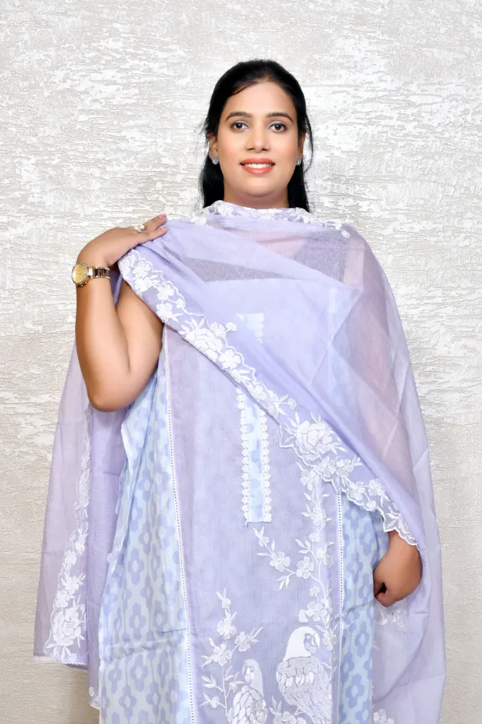 Sky Blue Kota Doria Suit with Intricate White Thread Embroidery