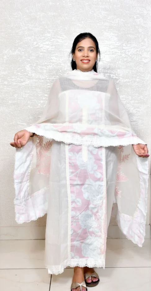 White & Pink Kota Doria Suit with Floral Prints
