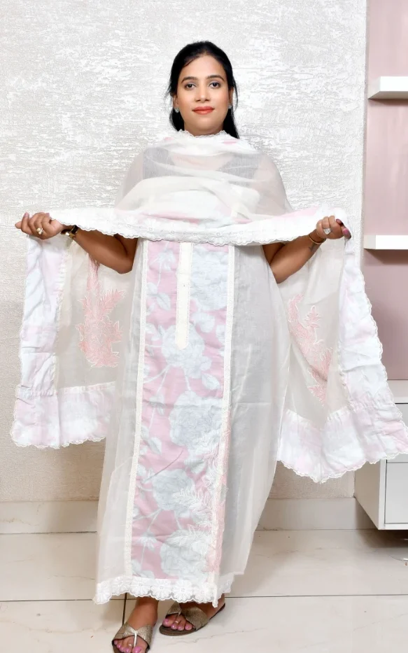 White & Pink Kota Doria Suit with Floral Prints