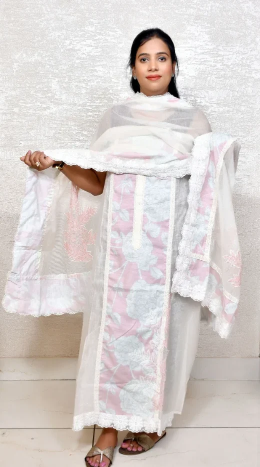 White & Pink Kota Doria Suit with Floral Prints