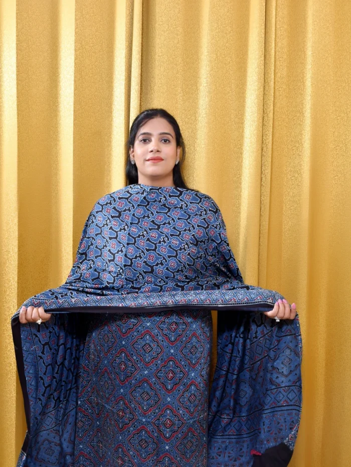 Navy Blue Modal Suit with Diamond Block Print