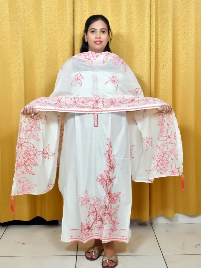 White & Red Floral Hand-Embroidered Mul Chanderi Suit