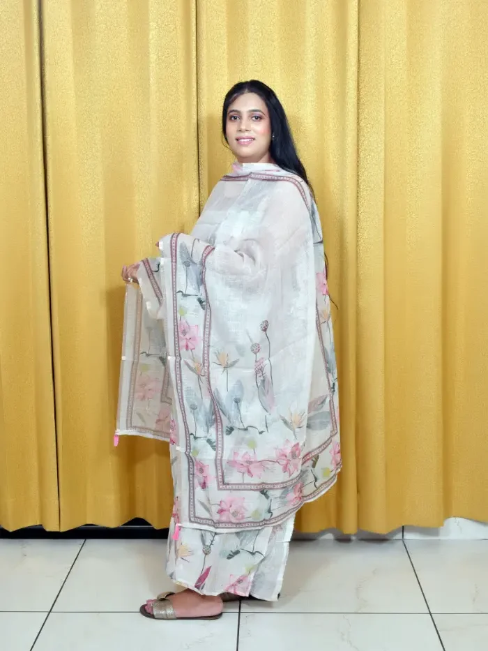 Pastel Printed Kota Doria Cotton Suit with Dupatta – Floral & Leaf Motif