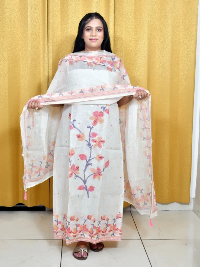 White Kota Doria Suit with Multicolor Floral Design