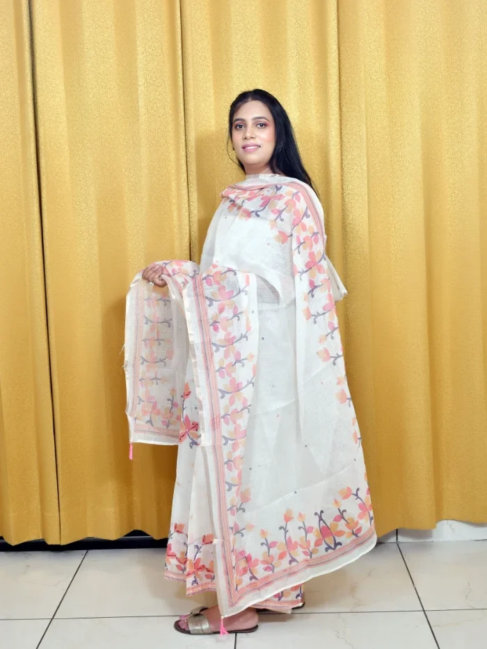 White Kota Doria Suit with Multicolor Floral Design