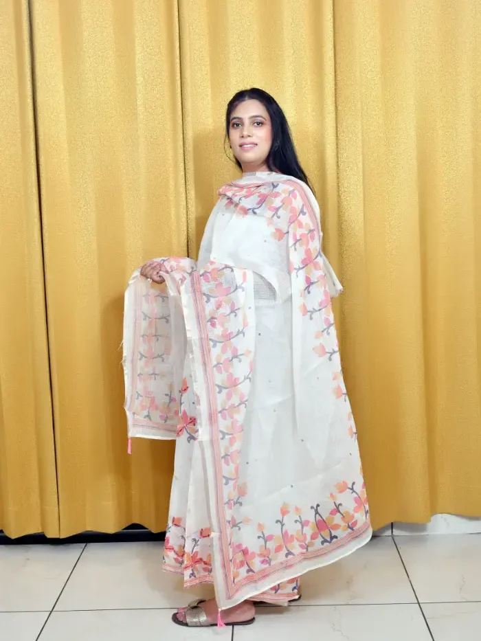 Pastel Printed Kota Doria Cotton Suit with Dupatta – Floral & Leaf Motif