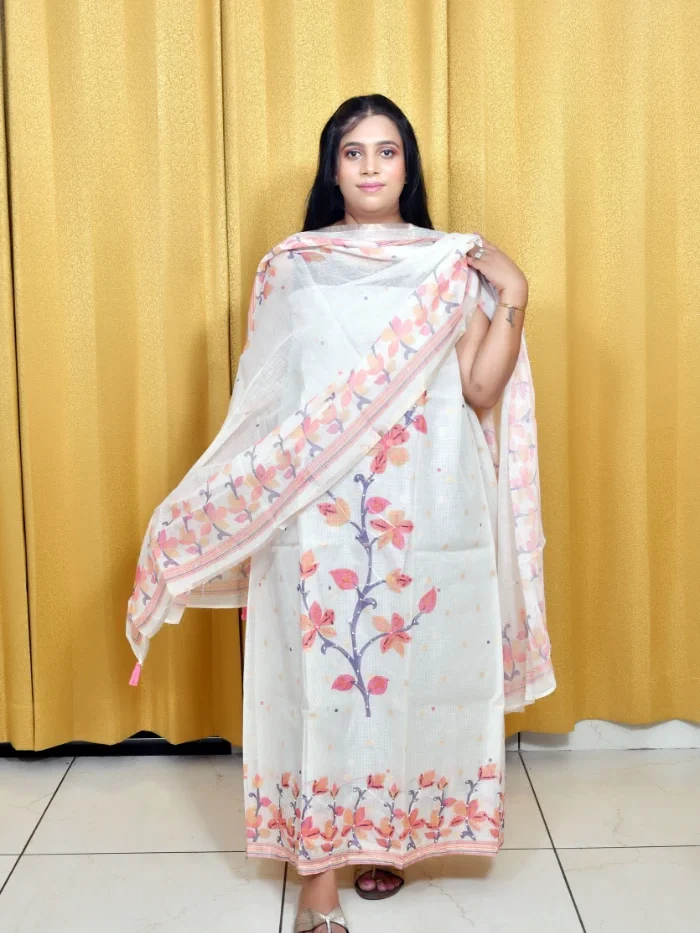 White Kota Doria Suit with Multicolor Floral Design