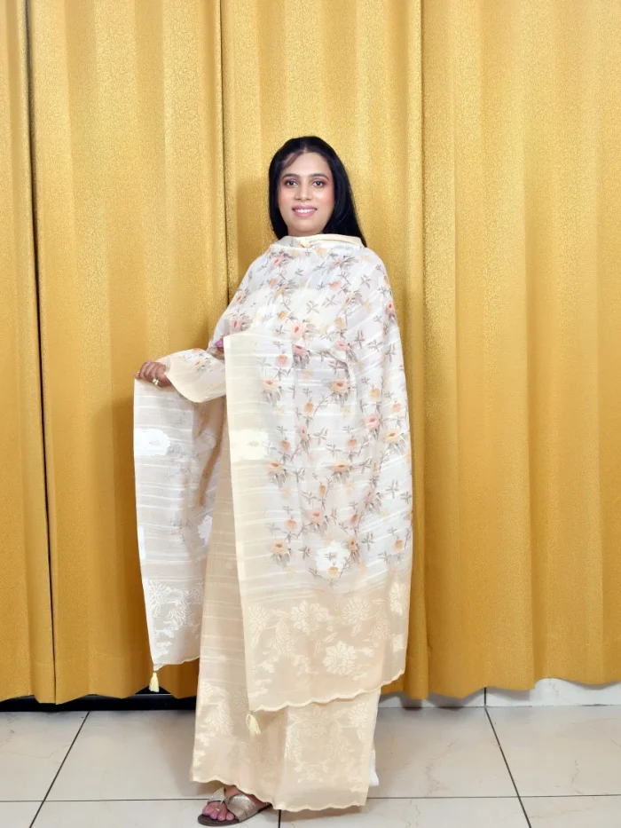 Elegant Cream Linen Suit with Floral Jamdani Dupatta