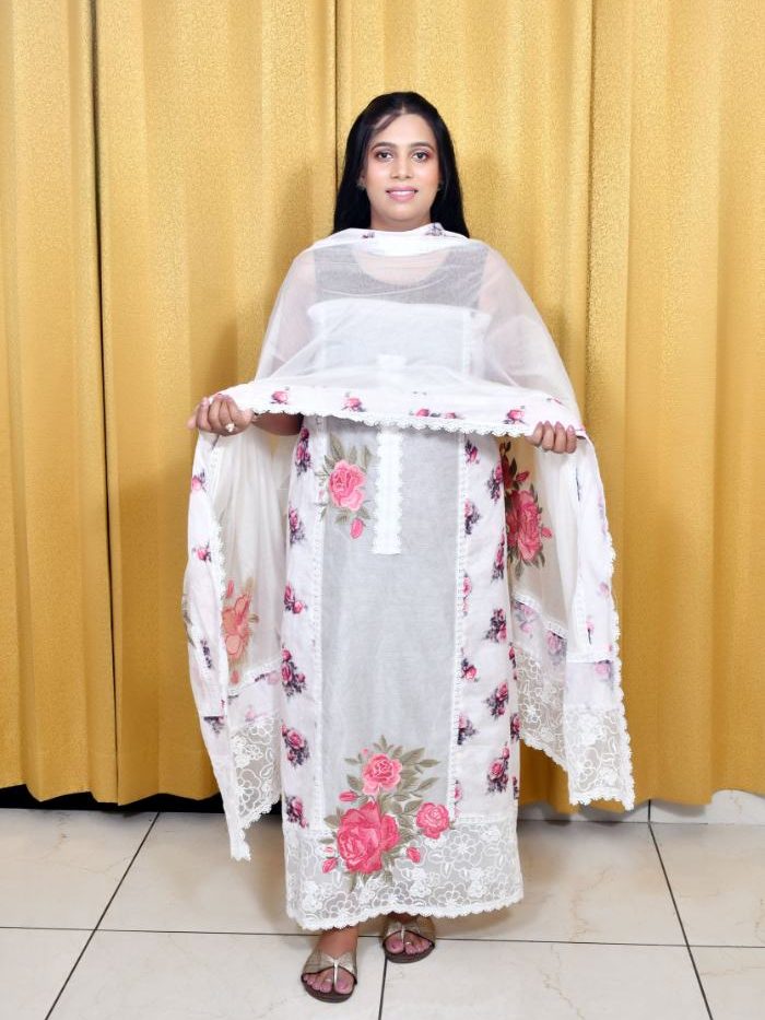 White Kota Doria Suit Set with Pink & Purple Embroidery