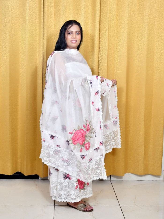 White Kota Doria Suit Set with Pink & Purple Embroidery