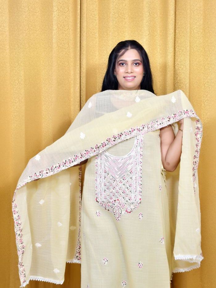 Light Yellow Linen Suit with Pastel Embroidery & Tassels