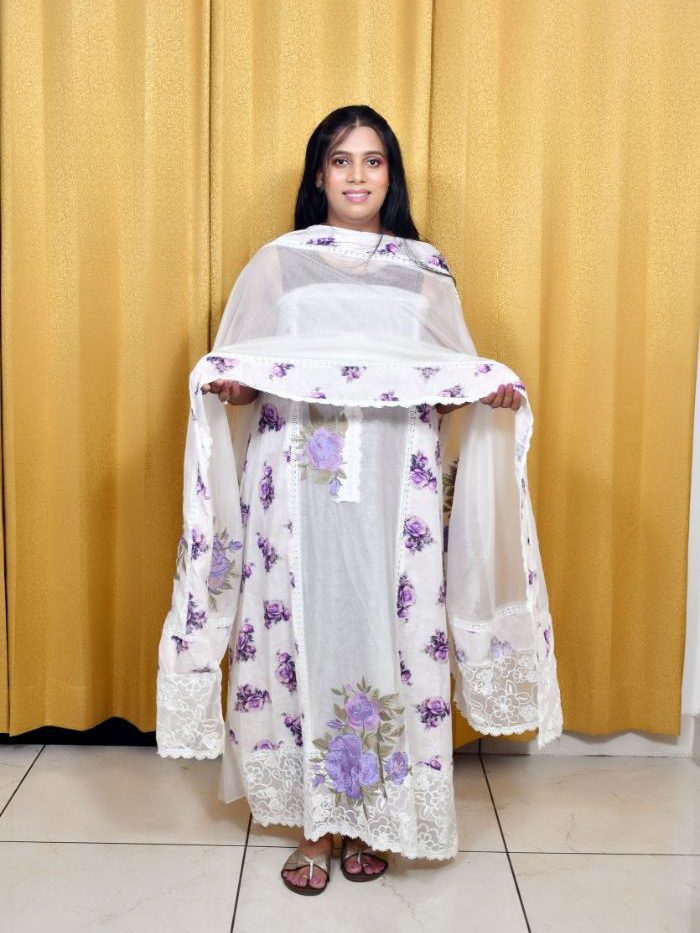 Purple Rose Embroidered Kota Doria Suit – White Base