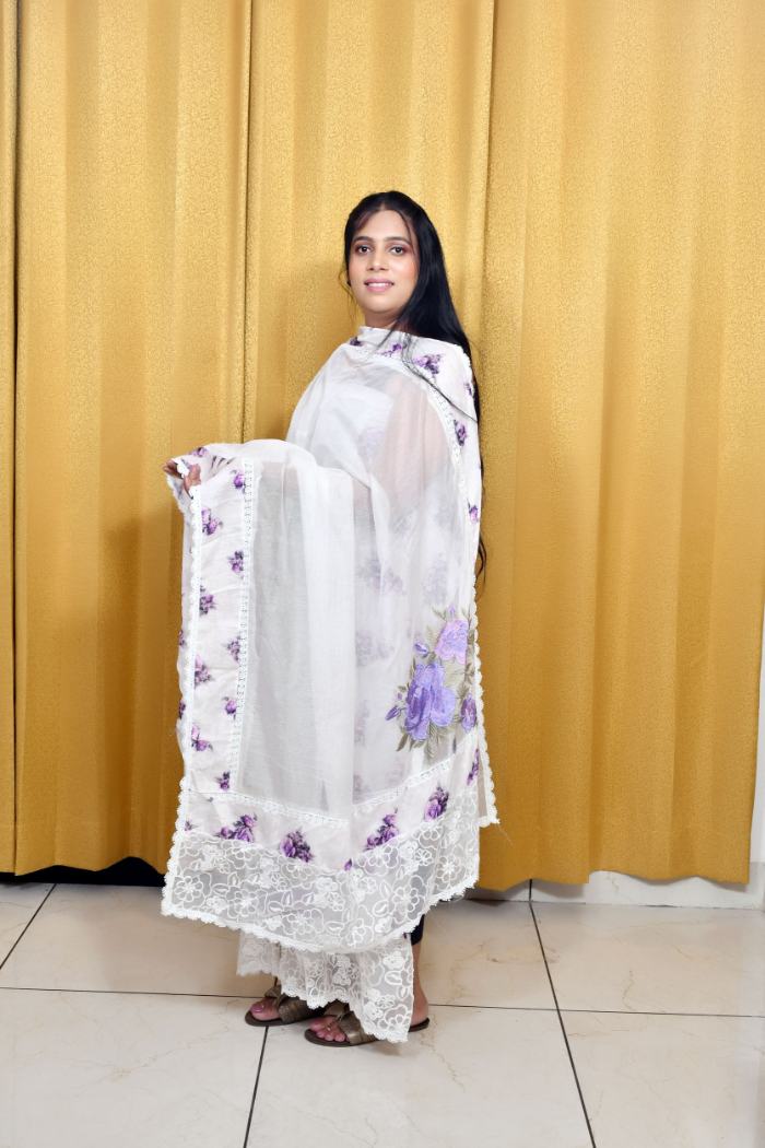 Purple Rose Embroidered Kota Doria Suit – White Base - Image 4