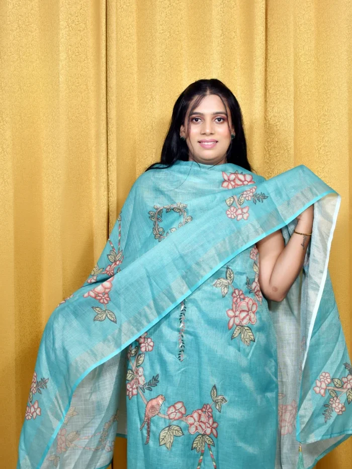 Soft Sky Blue Kota Doria Suit Set with Floral Front Embroidery
