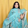 Aqua Blue Linen Embroidery Suit with Bird & Floral Motifs
