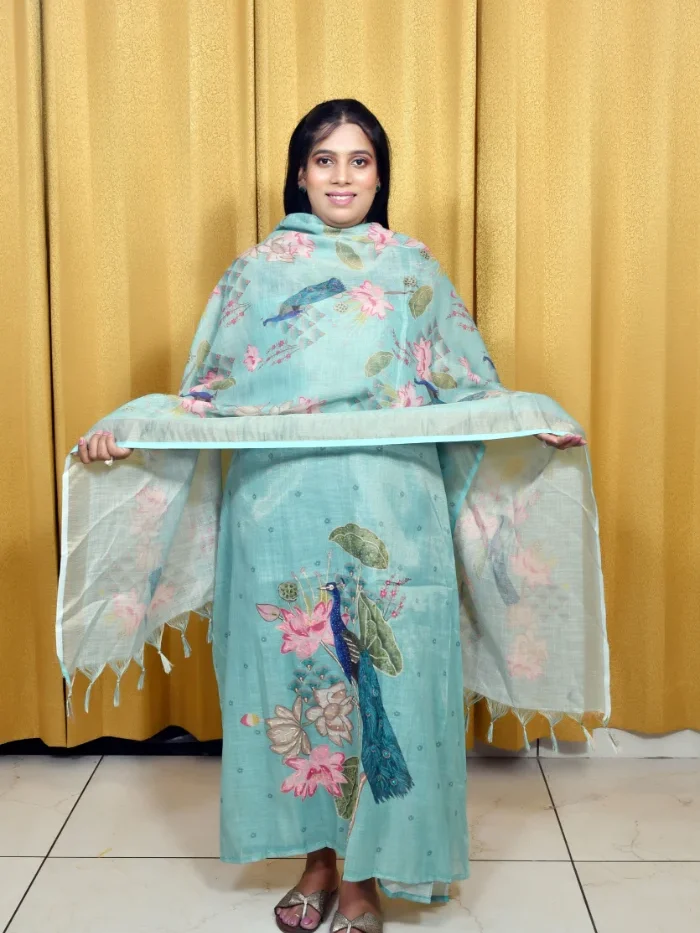 Soft Sky Blue Kota Doria Suit Set with Floral Front Embroidery