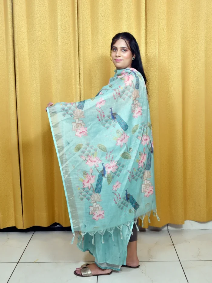 Soft Sky Blue Kota Doria Suit Set with Floral Front Embroidery