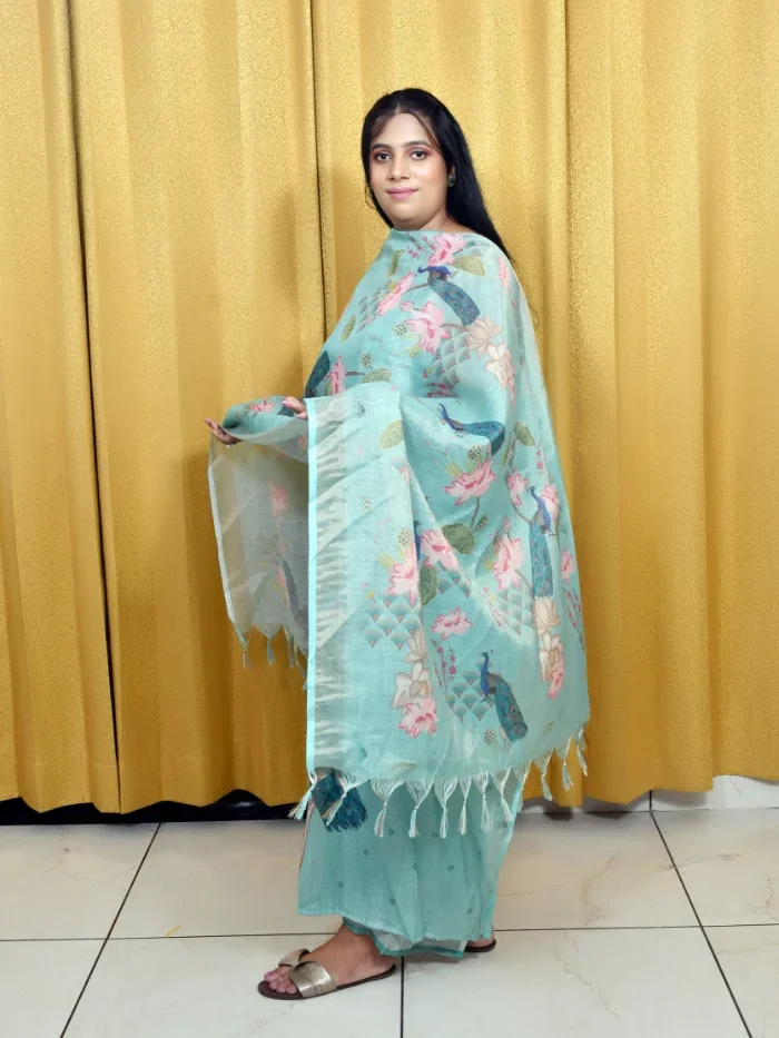 Soft Sky Blue Kota Doria Suit Set with Floral Front Embroidery
