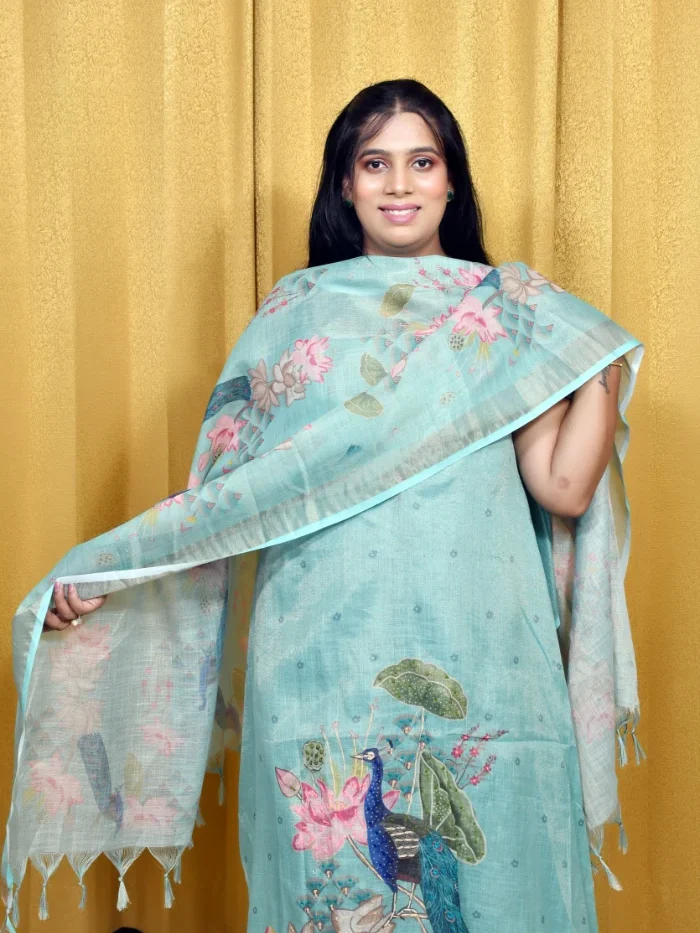 Soft Sky Blue Kota Doria Suit Set with Floral Front Embroidery