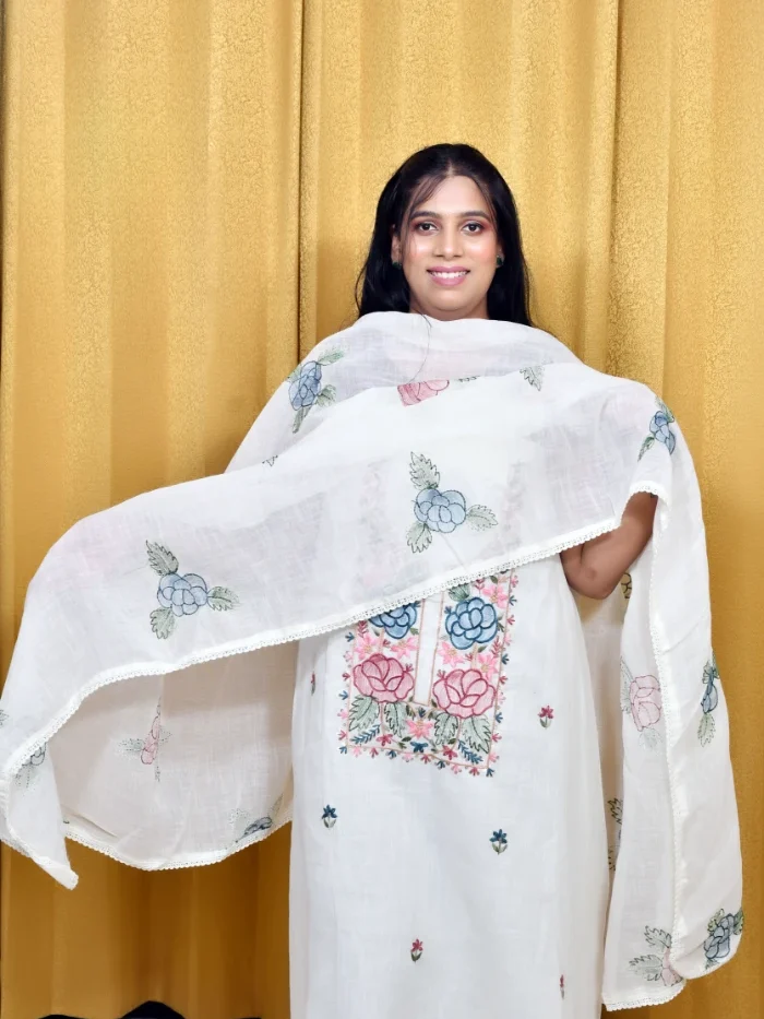 Woman in Elegant White Embroidered Salwar Suit with Floral Dupatta