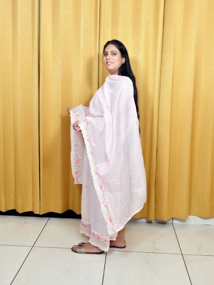 Soft Pink Kota Doria Suit Set with Floral Front Embroidery