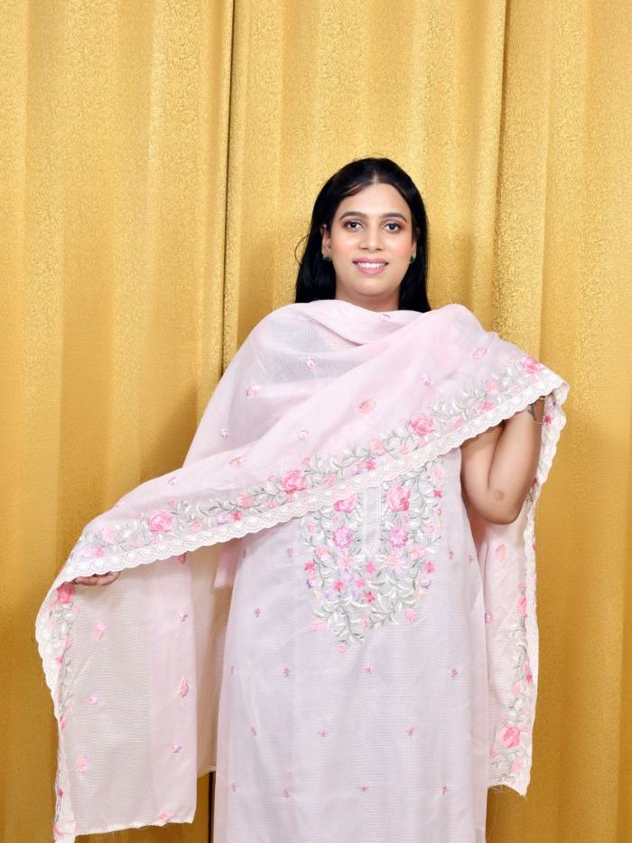 Soft Pink Kota Doria Suit Set with Floral Front Embroidery